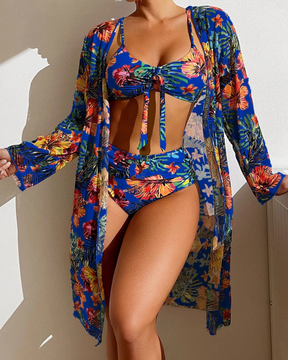 Conjunto de Biquíni Floral com Blusa de Tule